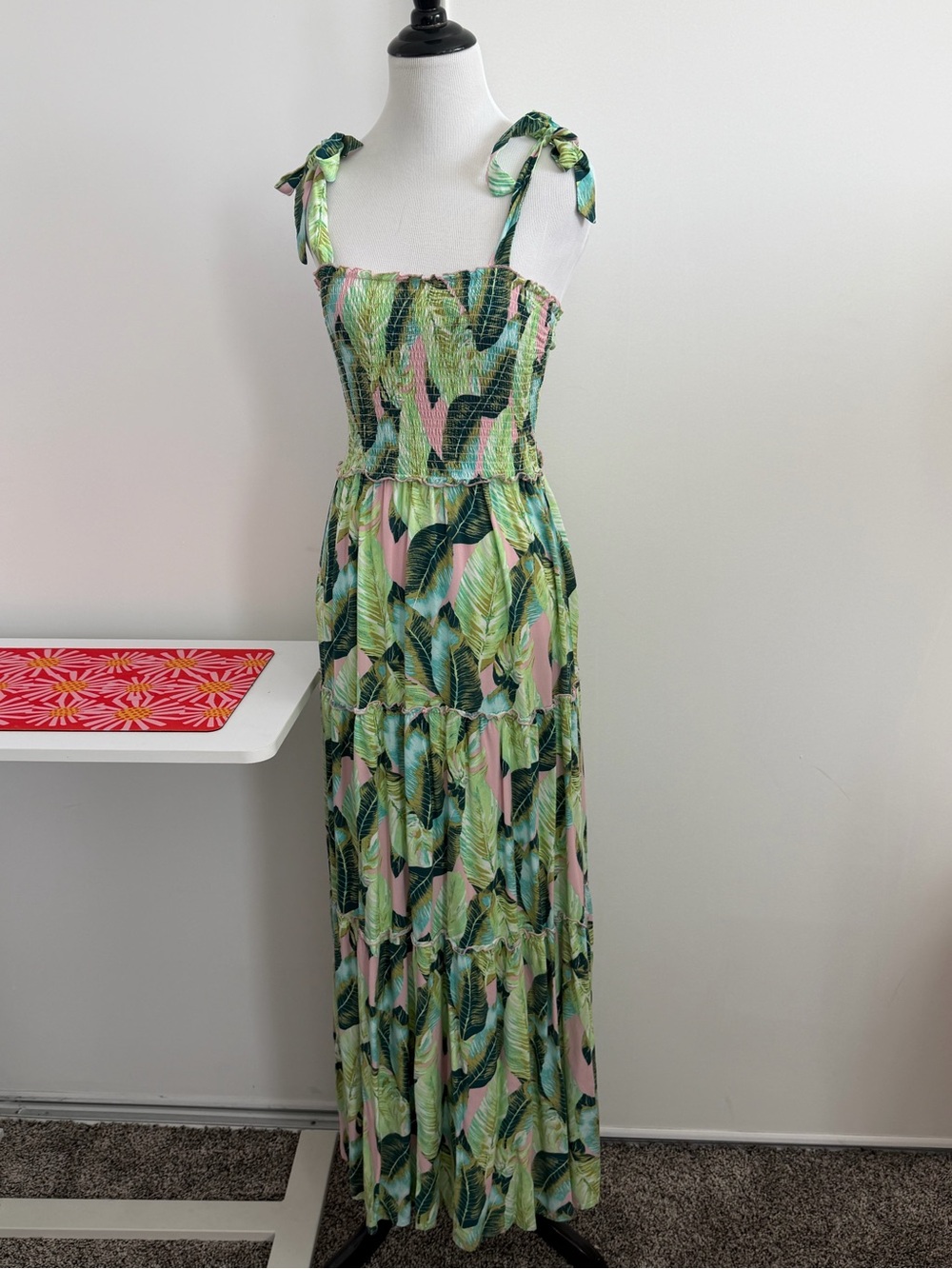 BeBop Tropical Leaf Tie-Shoulder Maxi Dress in Green and Pink